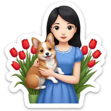 Girl Black hair Brown eyes Blue dress Corgi Pet Tulp Flowers Spring Cute sticker