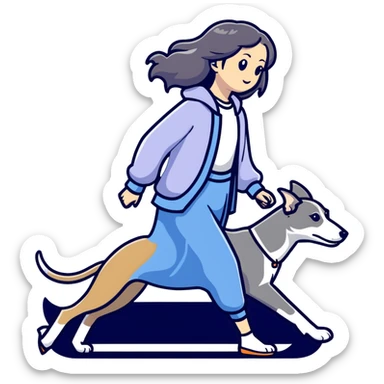 Japanese girl with flowing hair walking a grey greyhound sticker