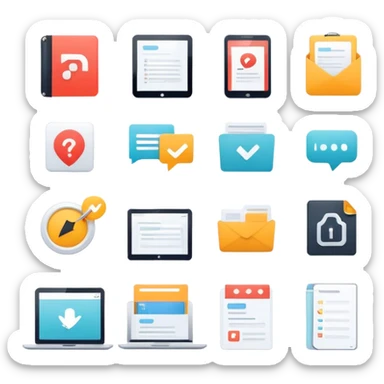 A set of icons representing digital products (infoproducts). The icons should include elements such as an e-book, an online course (play button on a screen), a webinar (video call window), a PDF document, a checklist, a subscription service, and a knowledge base. The design should be modern, minimalist, and visually cohesive, using a clean and professional color palette. sticker