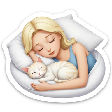 blonde girl sleeping on white pillow with white cat sticker