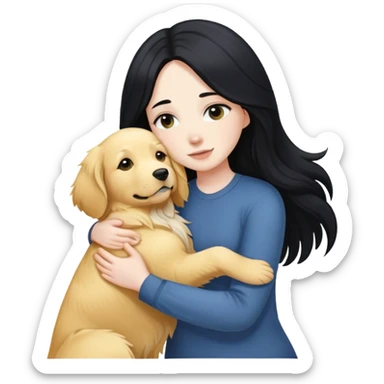 A white girl with long black  hair tightly hugged a Golden Retriever sticker
