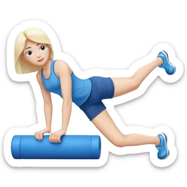 “A realistic emoji of a person using a foam roller on their legs, showing muscle relaxation and stretching, with calm blue tones and a focused expression.” sticker