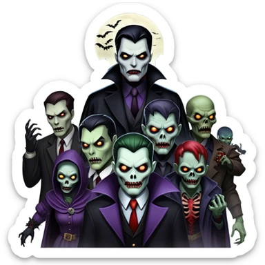 Icon for Thriller Movies: A large, dramatic collage featuring sinister villains and zombies in dark clothing. The background shows the gloomy cityscape of Gotham with dim lighting and eerie shadows. The atmosphere should be tense, mysterious, and suspenseful. Transparent background. sticker