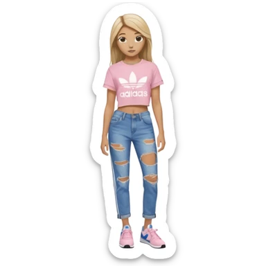 preppy teenage girl, tan, blonde highlights, brown long hair, long eyelashes, beach aesthetic, wearing cute clothes, sexy, wearing ripped blue long baggy jeans with a light pink revealing crop top, wearing Somba Adidas sticker