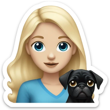 Girl with blonde hair and blue eyes holding a black pug sticker