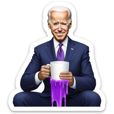 biden with purple liquid spilling out of white cup sticker