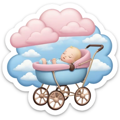 sleeping baby with closed eyes in pink and beige stroller with pastel blue clouds around it sticker