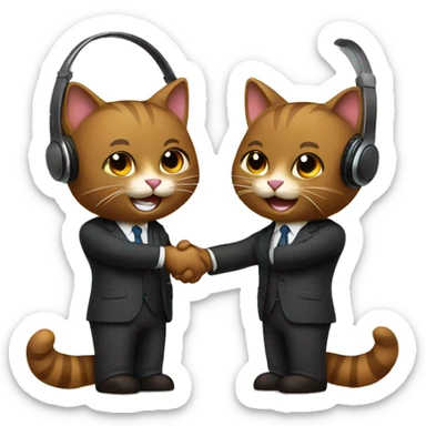 Two brown adult, happy cats, shaking hands in suits with headphones on.   sticker