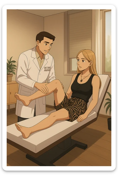 fai un webtoon/manga a colori con questo kinesiologo in camice bianco (fagli la scritta "ANTONIO ANANIA" SUL CAMICE) CHE SVOLGE UN TEST NEUROMUSCOLARE SOLLEVANDO UNA GAMBA ALLA RAGAZZA CHE è STESA SU UN LETTINO BIANCO. STANZA SEMPLICE E MODERNA, DURANTE IL TEST I DUE DIALOGANO TRA LORO. NON FARE I FUMETTI, FAI SOLO LORO COME SE DIALOGASSERO sticker