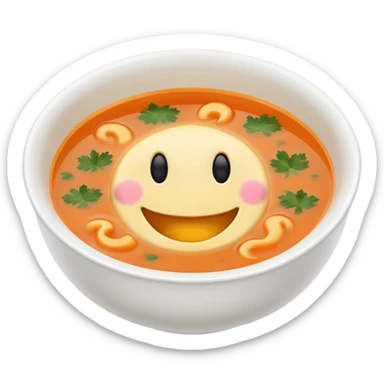 a bowl of soup with a happy face in the soup looking out sticker