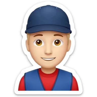 minimalist emoji-style character as a Lowe’s store worker, Apple emoji style, flat vector, front-facing, bright red vest, navy blue cap, rounded features, warm smile, simple eyes, no text, no logos, clean background sticker