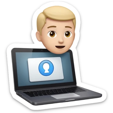 A dark-colored laptop with the screen open. From the screen, a person is emerging, giving a lecture or teaching. The person should look expressive and in a teaching pose. Soft shadows, semi-3D emoji style, clean background. video course sticker