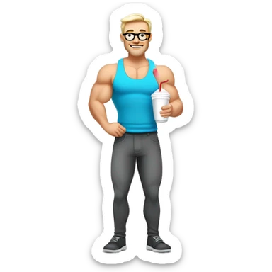 caucasian white muscled guy drinking a protein shake, full body, wear glasses sticker