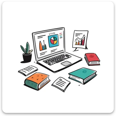 Academic research workspace with an open laptop showing data, scattered books and papers, and a pie chart and line graph. Hand-drawn doodle style with colorful data visualizations and book covers. sticker