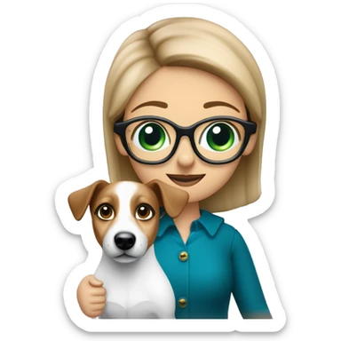 dunkelblonde Frau mit blauen Augen und grüner Brille mit einem schwarzen Jack Russell Mischling Hund auf dem Arm sticker
