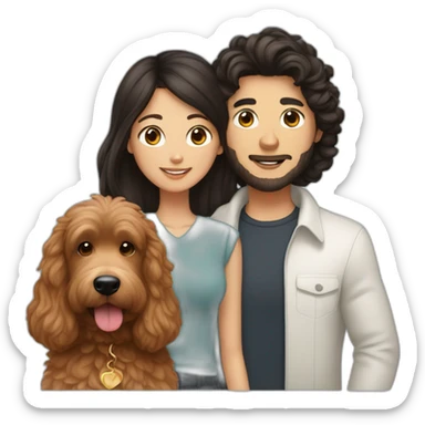 guy with brown hair and asian girl with long black hair holding red goldendoodle sticker