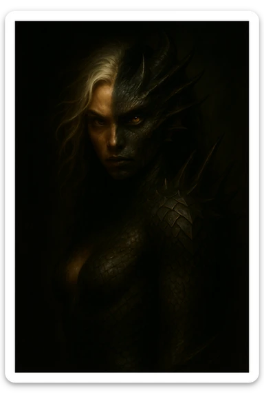 Make the character a girl, keep half human half dragon, with silver hair and black roots, under dramatic lighting. Emphasize the contrast and mood created by the lighting on the hybrid character. sticker