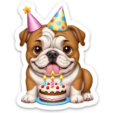 Bulldog with birthday hat and cake sticker
