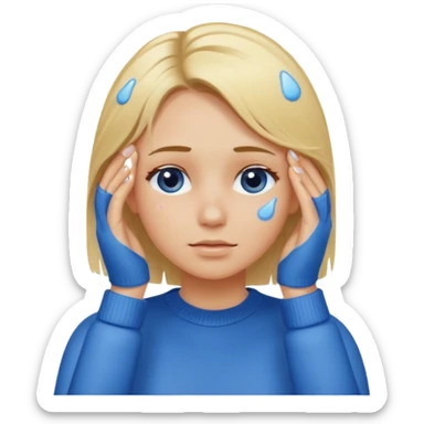 Girl massaging her head with blonde wet hair with anti-dark circles patches in her eyes dressed in a blue sweater sticker
