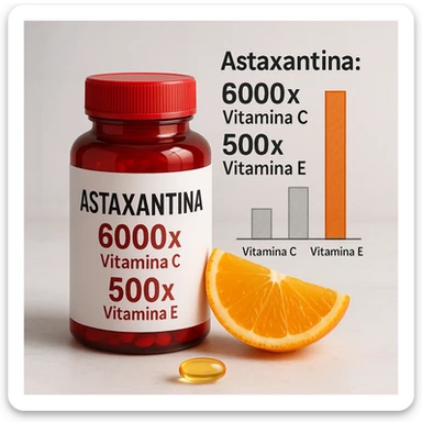 hyper realistic style scientific atmosphere light background, red bottle of astaxanthin, orange slice and golden capsule, bar chart comparing vitamin C and vitamin E, text 'Astaxantina: 6000x Vitamina C, 500x Vitamina E' sticker