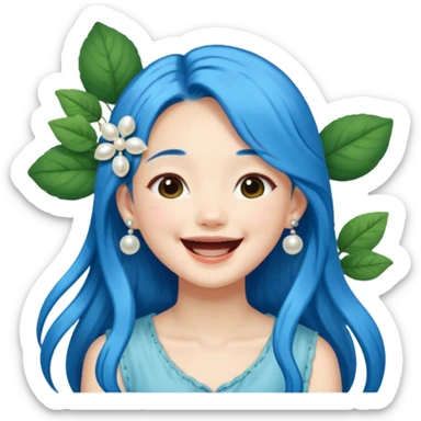 Asian girl, long blue hair, pearl hair clip, loves nature, laughing sticker