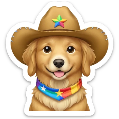 golden retriever with cowboy hat and pride flag sticker