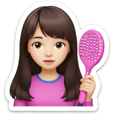a girl with light skin and dark brown long hair with bangs who is brushing her hair sticker