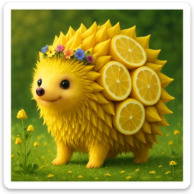 Make a subtle but clear change to the original image by adding a small flower crown to the lemon-hedgehog. Keep the quality and style the same as the original. sticker