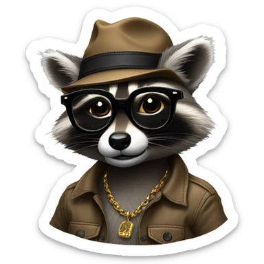 Strong raccoon with glasses, earings, tattoos, snap back hat sticker