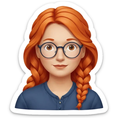 middle-aged woman from Norway, long wavy orange-red hair in one long braid on one side, large round glasses, gentle expression sticker
