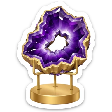 Amethyst cluster geode on a thin metallic gold stand display sticker