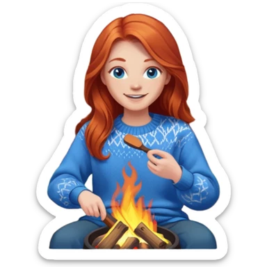Very Happy redhead with long hair and blue eyes in chair beside fire pit in backyard sticker