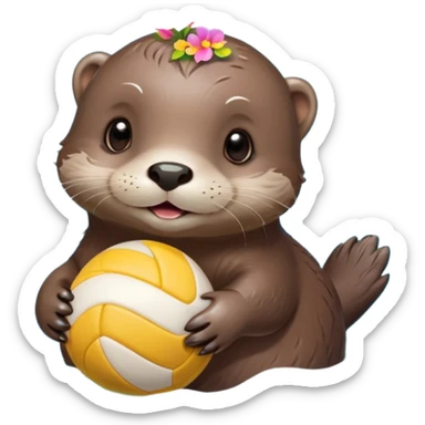 super cute baby otter with a tiny colorful flower on its head, gentle expression and soft rounded eyebrows, floating on clearly visible blue water with waves, baby otter with big sweet eyes holding a volleyball with both small paws above water sticker