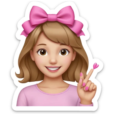 Chica sonriendo con un lazo rosa en la cabeza y mordiendose la punta del dedo indice con delicadeza y la otra mano que no salga sticker