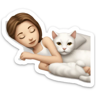 White girl brown hair sleeping with white kitty sticker