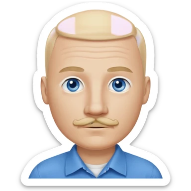 man with mustache, white man, blue eyes, blonde hair, bald 30 years old, wearing blue shirt sticker