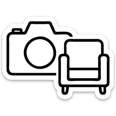 photo camera and furniture, drawn with black lines, minimalist style, no fill sticker