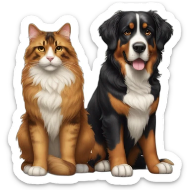 A Bernese dog next to A tortoiseshell cat without white sticker