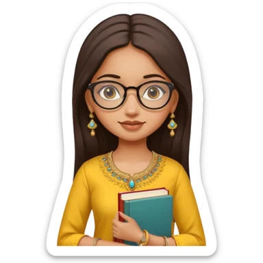 a pretty bratz fair indian girl wearing spectacles, jhumkas, kurti yellow, carrying books sticker