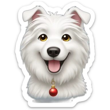 furry white happy dog with christmas sticker