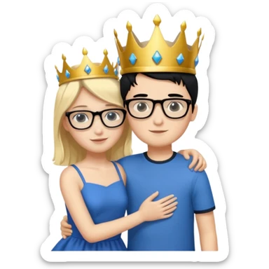 Boy in purple with black glasses and back hair hugging a blonde girl with a blue dress and gold crown sticker