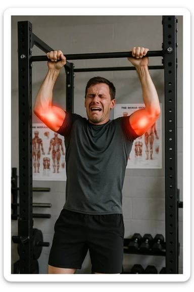 a man in athletic wear esegue una trazione alla sbarra in palestra. I suoi gomiti sono evidenziati con un alone rosso acceso o un effetto glow, indicando infiammazione. Un’espressione di dolore è visibile sul suo volto. Sullo sfondo, attrezzi da palestra e poster anatomici. L’atmosfera è educativa e realistica. sticker