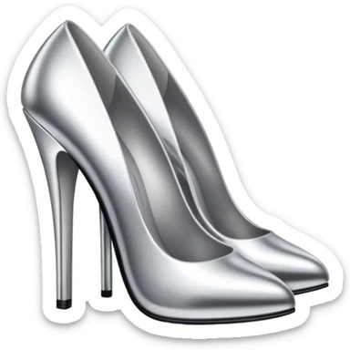 A pair of high heel shoes emoji made of polished silver chrome, elegant sharp silhouette, smooth metallic surface, glossy reflections, luxury sexy vibe, minimalistic iOS emoji style, centered, clean white background sticker