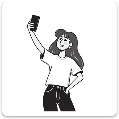 Young woman with long brown hair, casual style, taking a selfie, social media influencer sticker