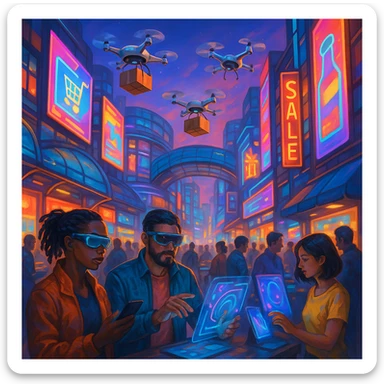 dynamic scene of a digital marketplace in the future, with drones delivering products, interactive billboards, and people engaging with smart devices, semi-realistic vibrant style sticker