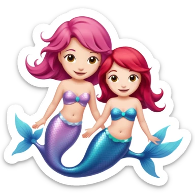 Cute iOS-style emoji of a pastel pink dolphin and a red-haired mermaid, smiling at each other. 
Simple vector emoji design, bold outlines, soft gradients, glossy look, centered, white background. sticker
