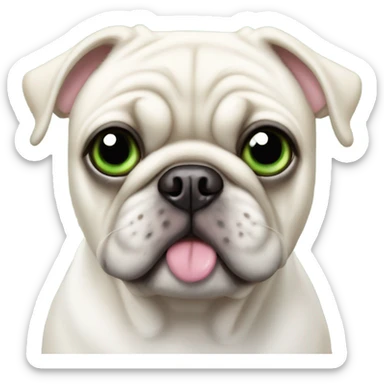 all white pug with white bows on ears, green eyes, pink nose sticker