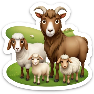 Icon for Domestic Hooved Animals: A gentle collage featuring a brown goat with large, curious eyes, a calm sheep with soft wool, and a majestic horse with a flowing mane. Background with a green pasture and a few hay bales. Transparent background. sticker