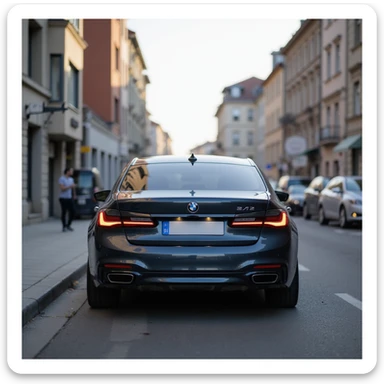 BMW Series 7 2022, rear view, photorealistic, parked on a street in Romania, realistic city background sticker