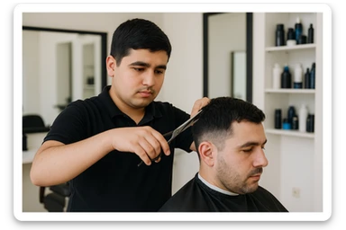 shu odamni sartaroshxonada mijozlarni sochini olayotganin  tasvirlab ber juda yosh ham katta ham bo'lmasin semiz ham bo'lib ketmasin o'smirin davrini sticker